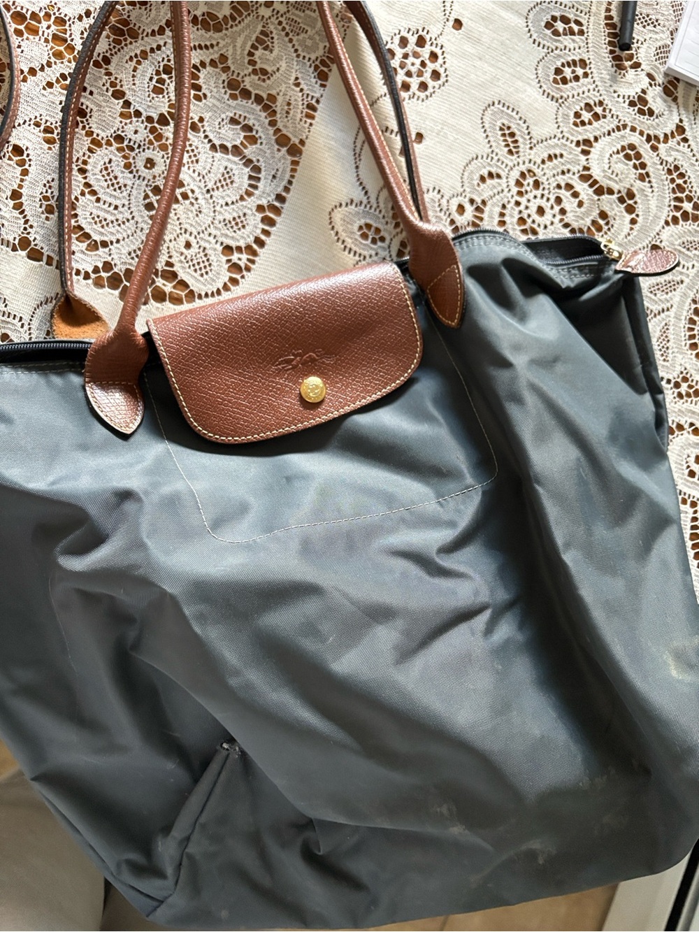 Longchamp Le Pliage Tote in Blue with Brown Trim